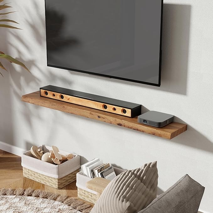 55" Floating Shelves, Live Edge Elm Wood Floating Shelf for Wall, Wall-Mounted Display Shelves with Invisible Heavy-Duty Bracket, Long Floating Shelf for Bathroom, Kitchen, Living Room, Natural Color-CasaMuseHome