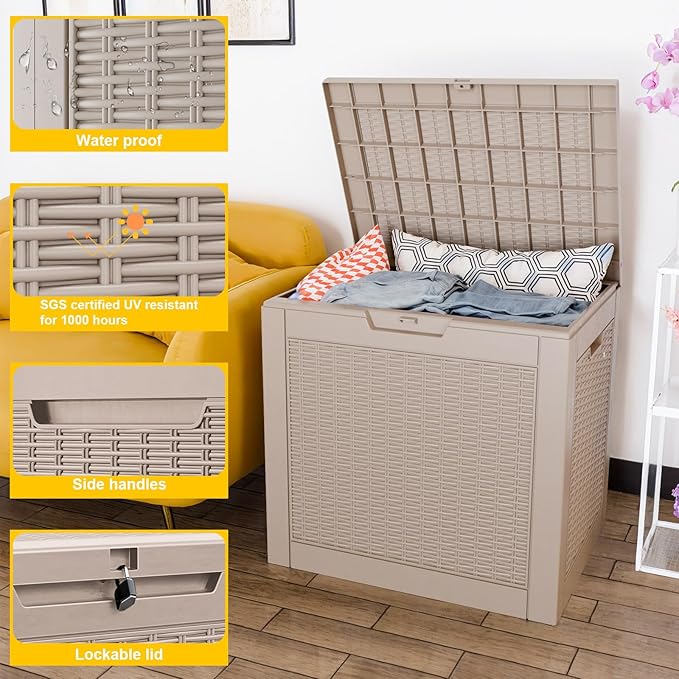 31 Gallon Outdoor Deck Box,Storage Lockable Waterproof Patio Furniture,Garden Tools,Cushions,Pool Accessories Outside Storage Resin Box(Grey)-CasaMuseHome