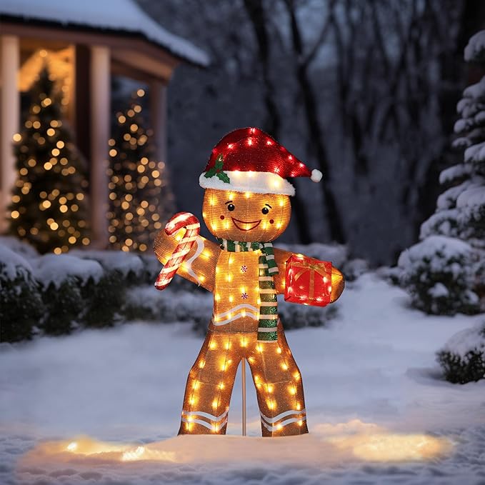 5FT Gingerbread Man with Candy Cane and Gift Box Decoration, 2.5D Pre-Lit Gingerbread Man Decor with 120 LED Lights for Christmas, Freestanding Glittered Holiday Display for Outdoor, Indoor-CasaMuseHome