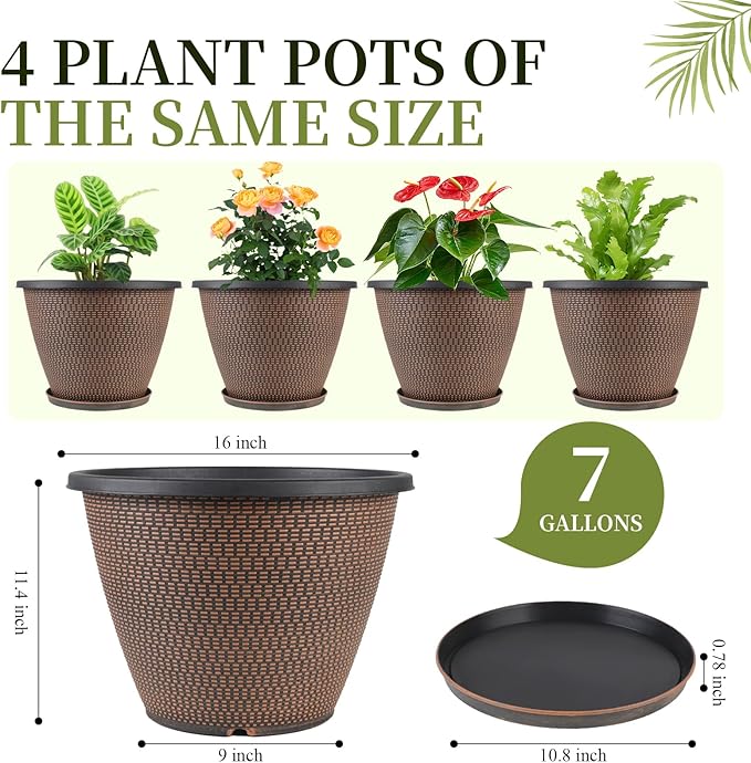 16 inch Plant Pots, Large Planters for Outdoor Plants Set of 4, Round Plastic Flower Pots with Drainage Holes & Trays, Modern Decorative Indoor Garden Pot, Plant Container for House (Black Copper)-CasaMuseHome