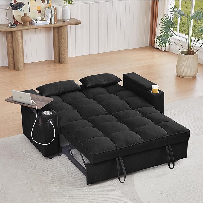 66" Multi-Functional Pull-Out Sofa Bed with Hidden Side Table, Storage Armrests, Built-in Charging Port, Spring Mattress, Solid Wood Frame – Ideal for Small Spaces, Easy Assembly-CasaMuseHome