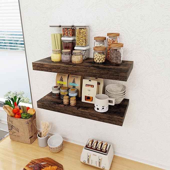 12 Inch Deep Floating Shelves, 24 x 12 Floating Shelf for Books, Rustic Wood Deep Wall Shelves for Home Storage & Display, 2" Thicked Shelves for Kitchen, Living Room, Bedroom, Rustic Brown, 2 Pack-CasaMuseHome