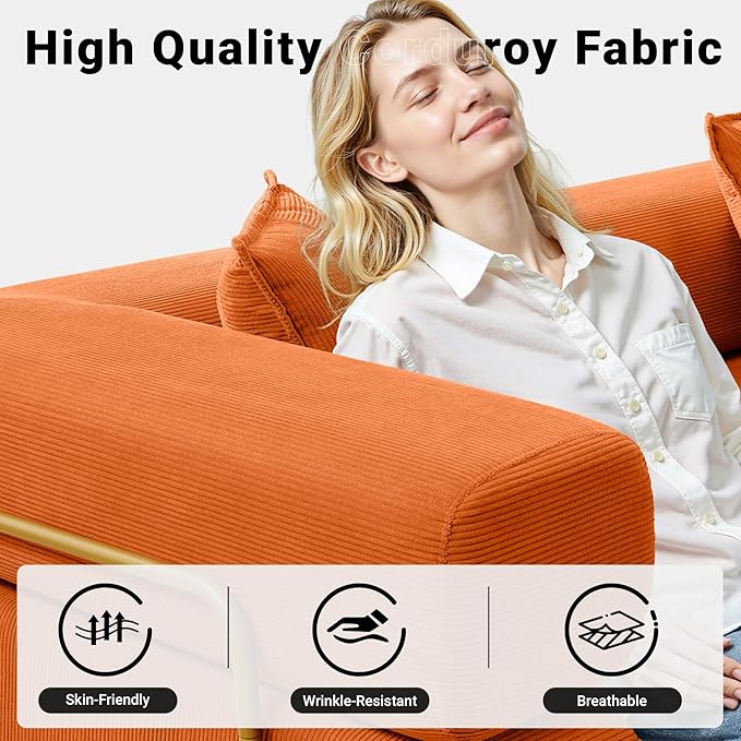 108" Oversized Convertible Sleeper Sofa Bed, Corduroy L Shape Sectional Couch, Folding Sofa Bed with Side Pocket, Modern Cloud Floor Mattress Couch, Modular Sofa for Living Room, Orange-CasaMuseHome