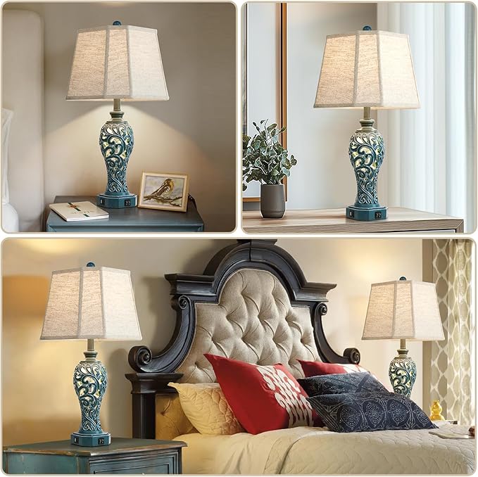 25'' Farmhouse Table Lamps Set of 2 for Living Room Bedroom, 2 USB Ports Coastal Vintage Table Lamp with Nightlight, Blue Green Hollow Out Resin Lamp for End Table (Bulbs Included)-CasaMuseHome