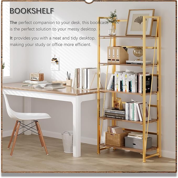4NM No Assembly Foldable Bookshelf, 5-Shelf Collapsible Bookcase Storage for Small Spaces, 62.2" H, Brown and Golden-CasaMuseHome
