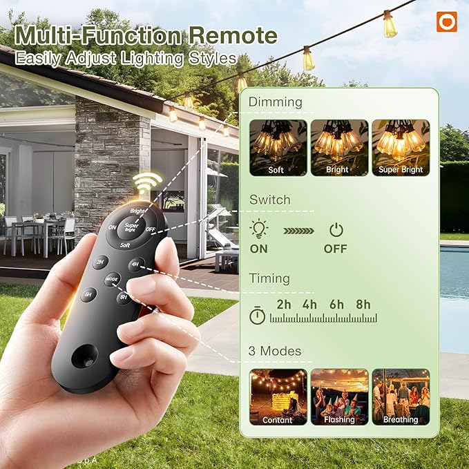 addlon 33(27+6) FT Solar String Lights Waterproof,Patio Light Solar Powered with Remote& USB Port 9+1 LED Shatterproof Bulbs 3 Lighting Modes Outdoor for Camping Backyard Garden-CasaMuseHome