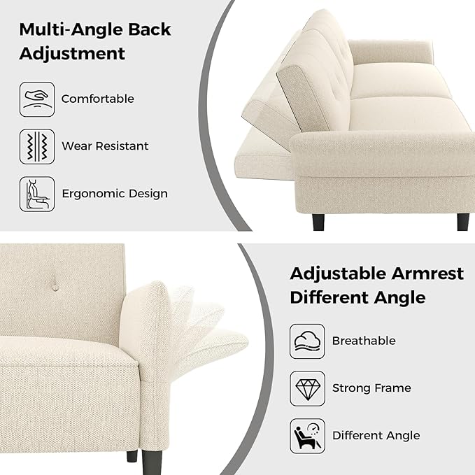 89” Futon Sofa Bed, Linen Comfy Futon Couch Bed with 2 Square Pillows, Convertible Sleeper Sofa with Adjustable Backrest& Armrests, Modern Loveseat Sleeper for Living Room, Bedroom, White-CasaMuseHome