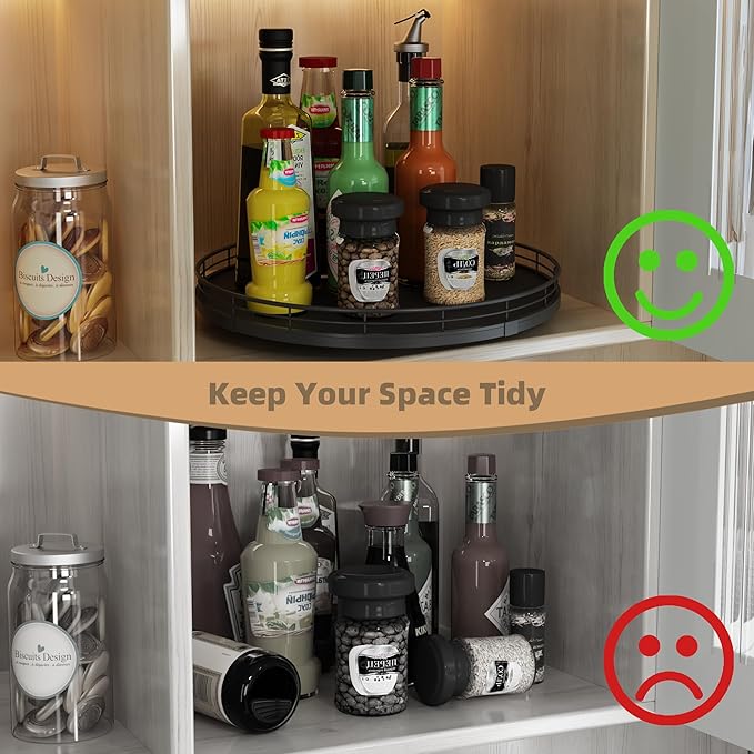 13" Lazy Susan Turntable Organizer for Table Top, Round Wooden Lazy Susan for Cabinet Kitchen Decor Centerpieces Coffee Table, Storage Condiments Spices, Bathroom Vanity Tray for Soap, Black-CasaMuseHome