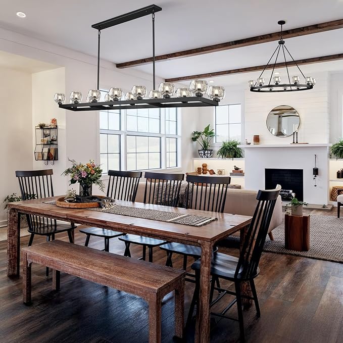 72 Inch Black Rectangle Wagon Wheel Chandeliers, Chandelier for Dining Room Over Table, Modern Crystal Long Chandelier for High Ceiling, Farmhouse Large Linear Chandeliers for Kitchen Island-CasaMuseHome