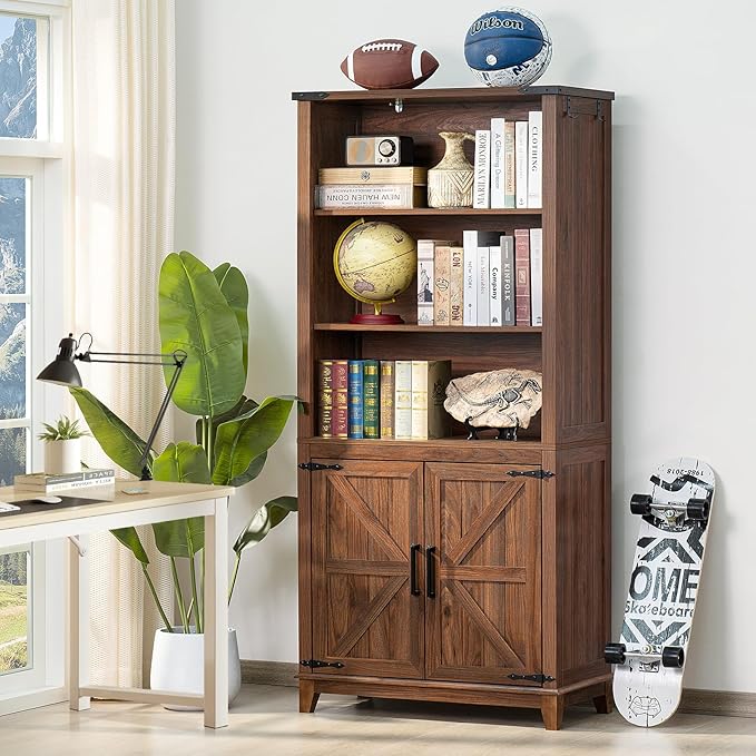 70in Tall Bookshelf 5 Tier Bookcase with Barn Doors and Adjustable Shelves, Brown Farmhouse Book Shelf with Storage Cabinet, Wood Freestanding Display Bookshelves for Bedroom, Living Room-CasaMuseHome