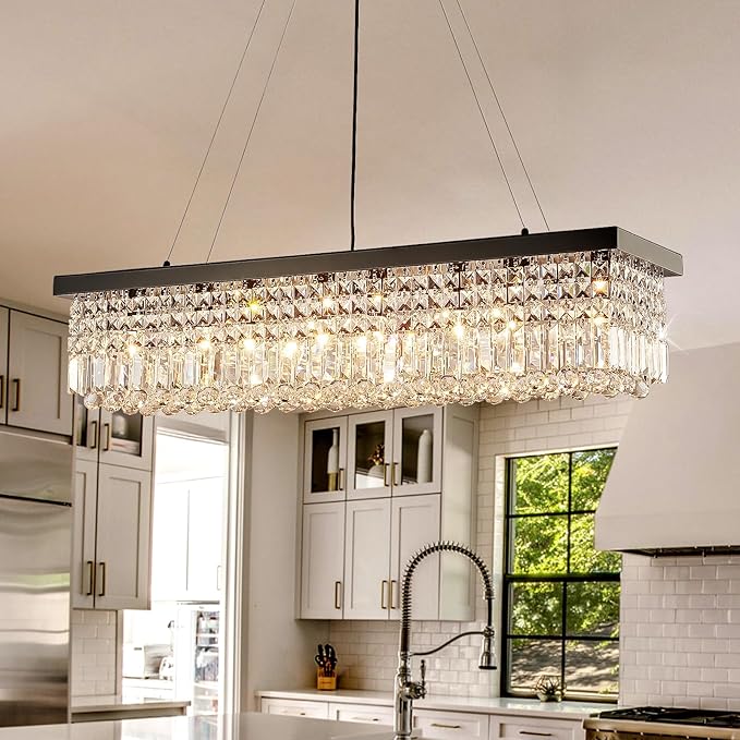 8 Light Modern Crystal Chandelier for Dining Room,Rectangular Rectangle Raindrop Crystal Light Fixture,Height Adjustable for Kitchen Island L40''xW10''xH10''-CasaMuseHome