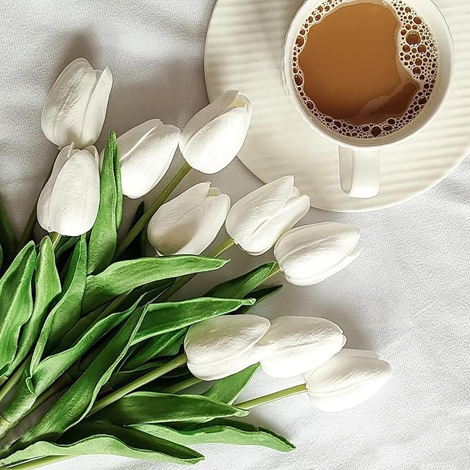 20pcs White Artificial Tulip Fake Flower 12.9 Inch Spring Mother's Day Easter Gift for Home Kitchen Wedding Decoration-CasaMuseHome