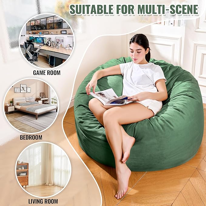 4FT Bean Bag Chair: Bean Bag with Velvet Cover, Fluffy and Comfy Bean Bag Chairs for Adults and Kids, Bean Bag Sofa Filled with High-Density Sponge for Gaming (Green)-CasaMuseHome