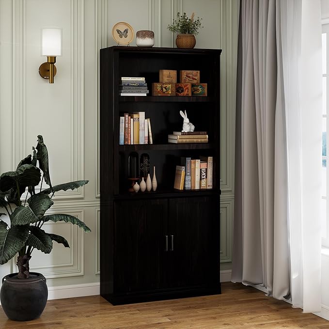 70 Inch Tall Bookcase with Doors, Library Office Bookshelf with Adjustable Shelves, Floor Standing Storage Cabinet for Bedroom Living Room Organizer with Anti Tipping Kit, Dark Cherry Finish-CasaMuseHome