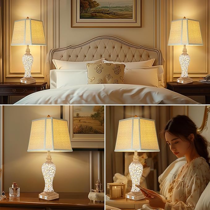 28.5" Rustic Table Lamp Set of 2 For Living Room Farmhouse Lamps for Bedroom, Bedside Lamps with Night Lights And USB C+A Charging Ports for Decor Office Study Hotel (Bulbs Included)-CasaMuseHome