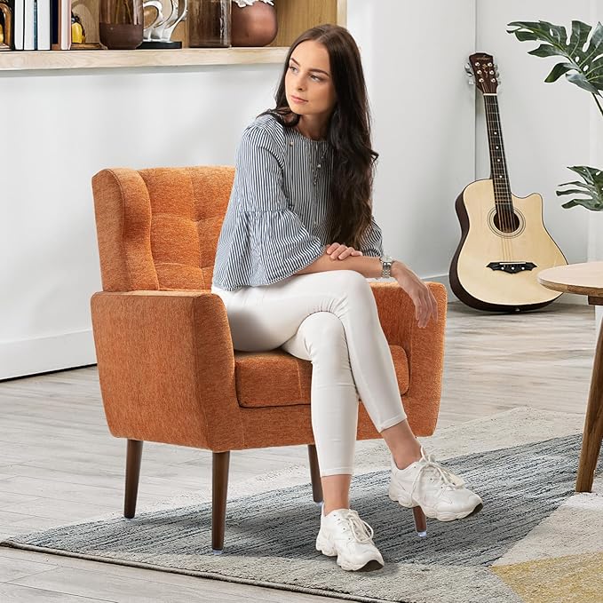 Accent Chair Set of 2, Upholstered Armchair with Pillow, Fabric Single Sofa Chair with Lounge Seat and Wood Legs Accent Chair for Living Room Small Spaces (Orange, Set of 2)-CasaMuseHome