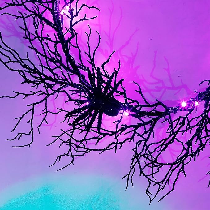 24 Inch Halloween Wreath for Front Door - Lighted Black Spider Wreath with Purple LED Lights, Outdoor/Indoor Spooky Decorations for Halloween Party, Porch, Holiday Home Decor-CasaMuseHome