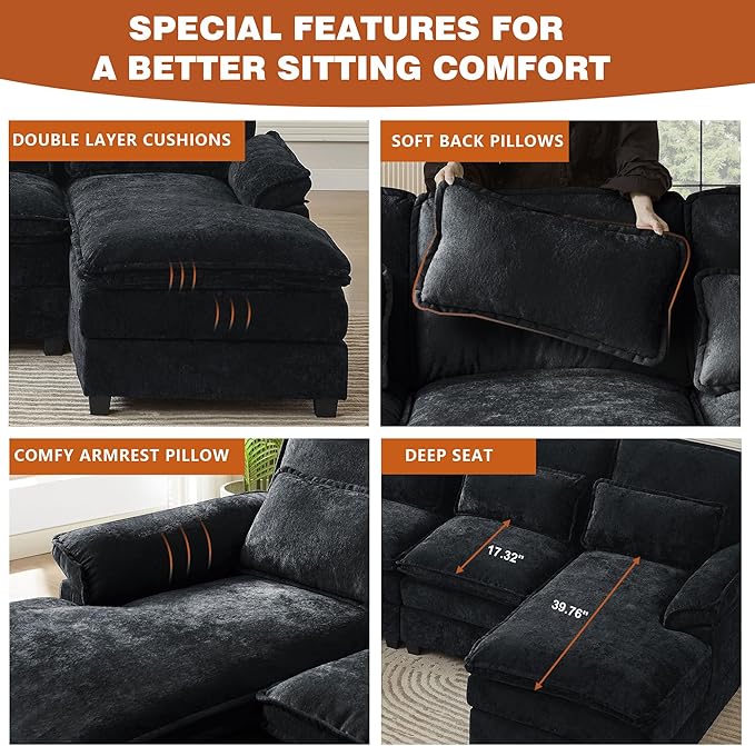 113" Oversized Cloud Couch, U Shape Sectional 4 Seat Sofa with Double Chaises, 2 Layer Cusions, Deep Seat Comfy Sofa, Upholstery Chenille Fabric for Living Room, Black-CasaMuseHome