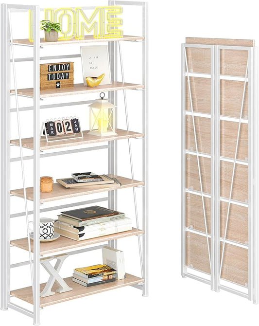 4NM No Assembly Foldable Bookshelf, 6-Shelf Collapsible Bookcase Storage for Small Spaces, 74" H, Natural White-CasaMuseHome