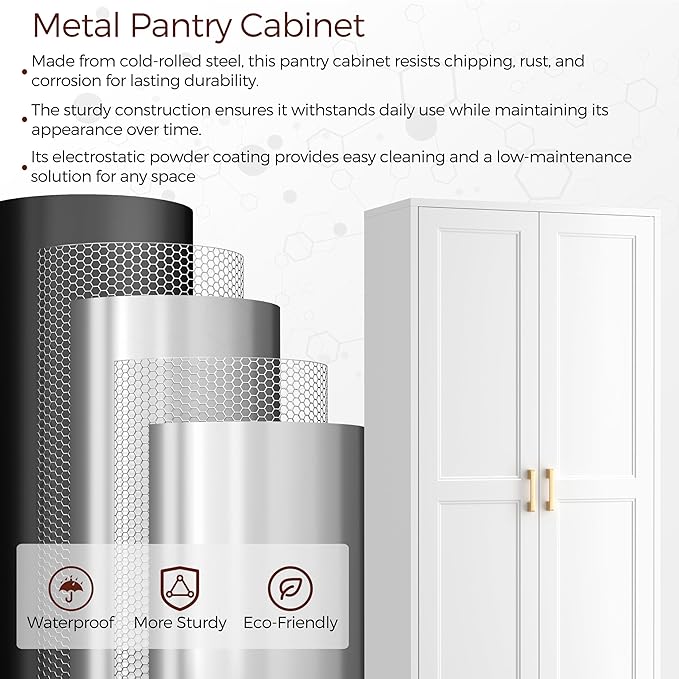 60" Tall Metal Pantry Cabinet, White Kitchen Pantry Storage Cabinet with 3 Adjustable Shelves and Gold Handles, Cupboard for Kitchen, Dining Room, Living Room, Bathroom-CasaMuseHome