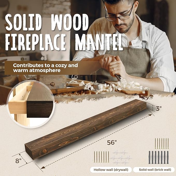 56x8x3 Fireplace Mantel - Handcrafted Hollow Rustic Solid Wood Wall Mounted Floating Shelf with Invisible Heavy Duty Wood Bracket (Weathered Brown)-CasaMuseHome