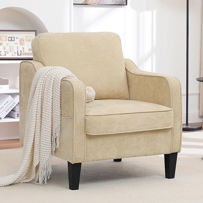 Accent Chairs Set of 2, Upholstered Living Room Chair with Side Pockets, Mid Century Modern Reading Chair for Bedroom, Comfy Armchair Single Sofa Side Chair for Office, Small Room, Light Brown-CasaMuseHome