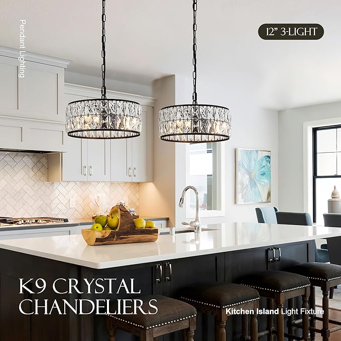 12” 3-Light Modern Crystal Chandeliers Black Dinning Room Light Fixture, Round Pendant Light Kitchen Island Chandelier, Flush Mount Ceiling Light for Living Room Entryway Bedroom Foyer-CasaMuseHome