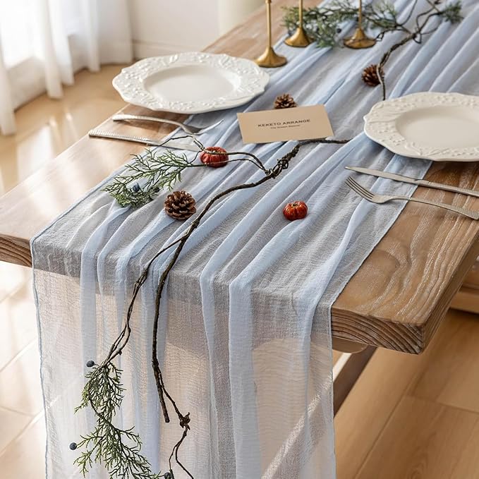 3pcs Light Blue Gauze Rustic Cheesecloth Table Runner 120 Inch 10 FT for Wedding Baby Shower Bridal Shower Birthday Engagement Garden Outdoor Party Long Sheer Boho Decorations-CasaMuseHome