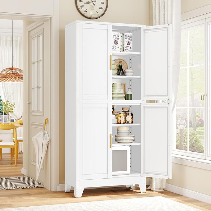 75.2" Tall Metal Pantry Cabinet, Kitchen Pantry Storage Cabinets with 4 Door and 4 Adjustable Shelves, White Storage Cabinet, Freestanding Cupboard for Kitchen Dining Room Living Room Bathroom-CasaMuseHome