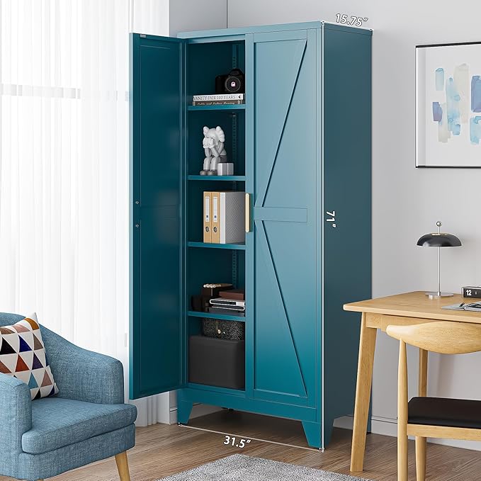71'' Farmhouse Metal Storage Cabinet with Barn Doors,Steel File Cabinet for Home Office,Kitchen Pantry 4 Adjustable Shelves,Freestanding Cupboard for Kitchen,Home Office (Peacock Blue)-CasaMuseHome