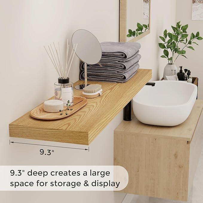 40 Inch Floating Shelvese, 40" W x 9" D Floating Shelf Set of 2, Farmhouse Wood Wall Shelves for Bedroom, Kitchen, Wall Mounted Deep Shelving for Home Decor, Oak Color-CasaMuseHome