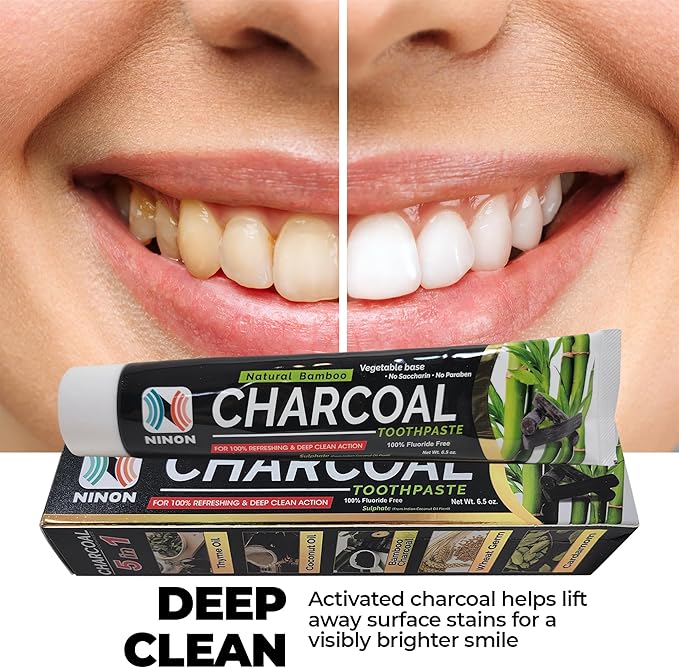 Activated Charcoal Whitening Toothpaste, Fluoride-Free, Enamel-Safe, Natural Mint Flavor, 6.5oz Tube for Stain Removal and Fresh Breath Pack of 1-CasaMuseHome