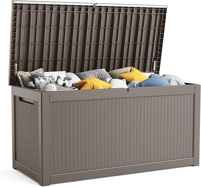 260 Gallon Resin Deck Box, Lockable Patio Outdoor Storage Box for Furniture, Garden Tools and Tools Storage, Waterproof Outside Storage Boxes - Grey-CasaMuseHome