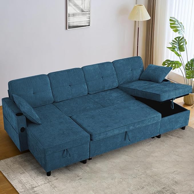 110 Inches Chenille Sectional Sofa w/Pull Out Sofa Bed & Adjustable Back, Tufted U Shaped Couch w/Two Storage Chaises, Sleeper Sectional Sofa w/USB Port & Cup Holders for Living Room, Blue-CasaMuseHome