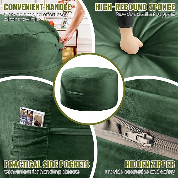 4FT Bean Bag Chair: Bean Bag with Velvet Cover, Fluffy and Comfy Bean Bag Chairs for Adults and Kids, Bean Bag Sofa Filled with High-Density Sponge for Gaming (Green)-CasaMuseHome