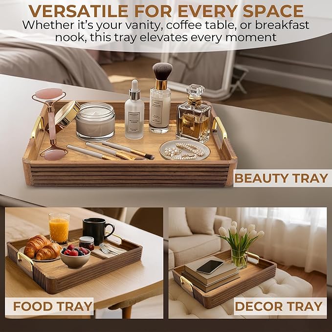 Acacia Wood Serving Tray with Metal Handles – 17x12in Rustic Decorative Ottoman & Coffee Table Tray for Breakfast in Bed, Dinner, Bar, Kitchen, Home Décor & Entertaining-CasaMuseHome