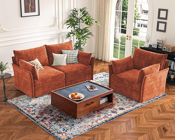 136.4" Oversized Modular Sectional Sofa, U Shaped Convertible Couch with Movable Ottoman, Large 7 Seat Corner Couches for Living Room Deep Seat Terracotta Orange Chenille-CasaMuseHome