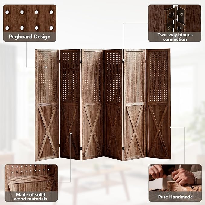 6 Panel Pegboard Room Divider, 5.6Ft Pegboard Display Folding Privacy Screens, Wood Room Divider Peg Board Display Freestanding for Trade Show Craft Show Home Wall Organizer, Brown-CasaMuseHome