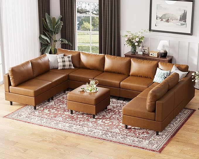 ABCASA Oversized 145.5" Faux Leather Modular Sectional Sofa, Modern Large 10 Seater U Shaped Couch with Storage Seat with Reversible Chaise Deep Seat for Living Room DIY Combination - Brown-CasaMuseHome