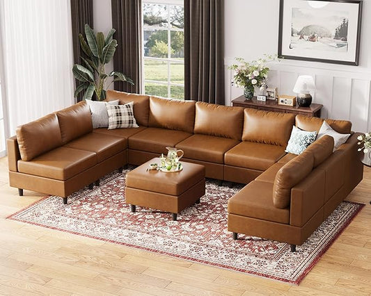 ABCASA Oversized 145.5" Faux Leather Modular Sectional Sofa, Modern Large 10 Seater U Shaped Couch with Storage Seat with Reversible Chaise Deep Seat for Living Room DIY Combination - Brown-CasaMuseHome