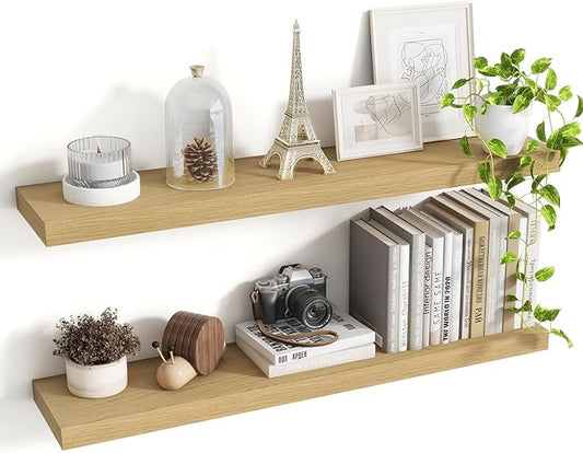 36 Inch Floating Shelves, 8 Inch Deep Floating Shelves for Wall, Hanging Shelf with Invisible Brackets, Deep Shelves for Bathroom, Bedroom, Living Room, Oak, Set of 2-CasaMuseHome