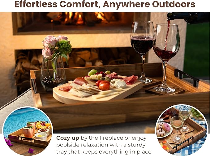 Acacia Wooden Ottoman Tray for Living Room – 21" Large Coffee Table Serving Tray with Handles & 6 Coasters Set, Perfect for Food, Drinks, Kitchen, and Home Decor-CasaMuseHome