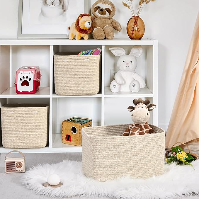 3-Pack Shelf Baskets for Organizing, Woven Storage Basket for Shelves, Cotton Rope Storage Bins for Toys Books, Nursery Towel Baskets for Classroom, 14.96"X9.8"X8.85", Brown-CasaMuseHome