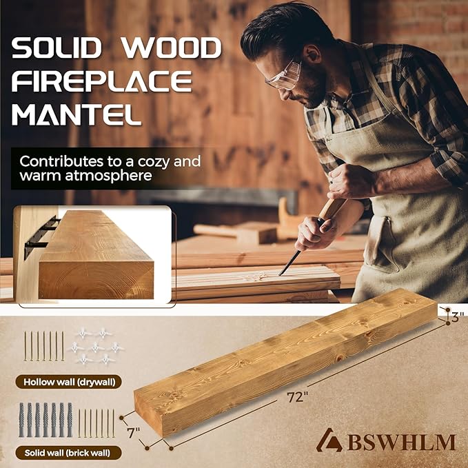 72x7x3 Fireplace Mantel - Solid Rustic Wood - Wall Mounted Floating Shelf with Invisible Heavy Duty Steel Bracket (Natural Wood)-CasaMuseHome