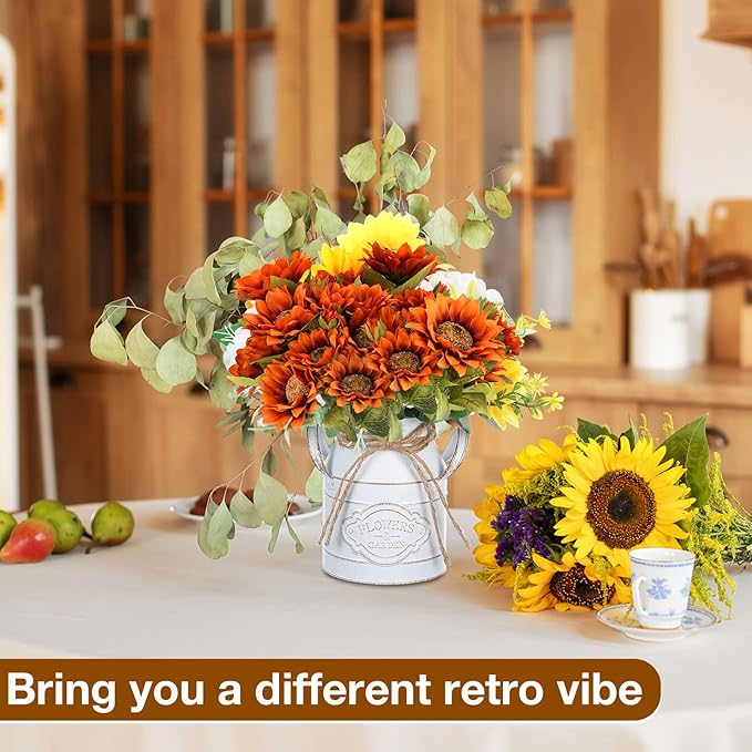 6 Inch Farmhouse Vase Decor Milk Can Vintage Flower Jug Galvanized Metal Vase with Handle Rustic Flower Buckets for Thanksgiving Christmas Table Centerpiece Weddings Gifts(Retro White,4 Pcs)-CasaMuseHome