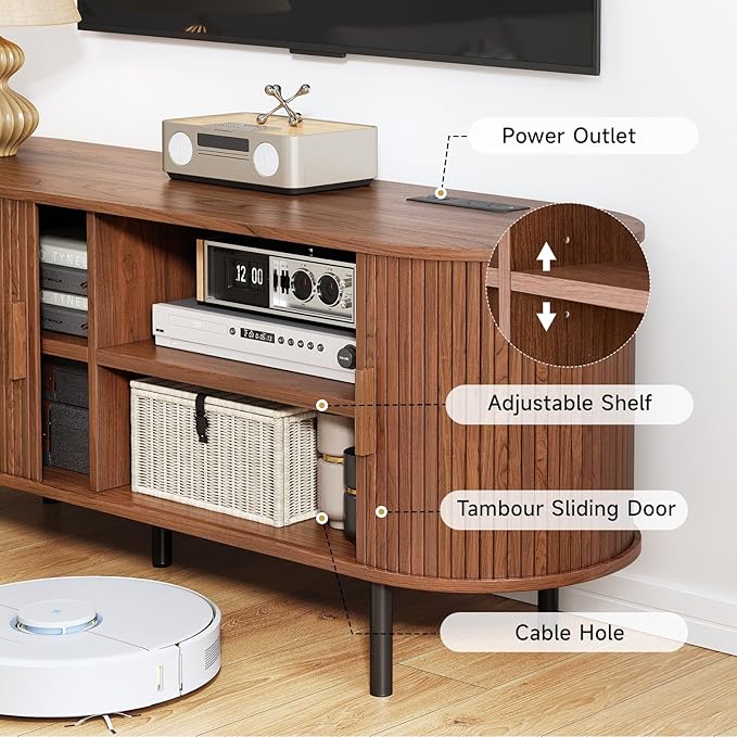 63" TV Stand with Power Outlet, Modern Media Console with Sliding Doors, Entertainment Center for TVs up to 60 Inch, Adjustable Shelves, Walnut-CasaMuseHome