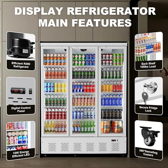 40.5 Cu.ft. Commercial Refrigerators 3 Glass Door Beverage Refrigerators Commercial Fridge Upright Cooler with Soft LED Light and 15 Adjustable Shelves for Restaurant Grocery Stores Home-CasaMuseHome