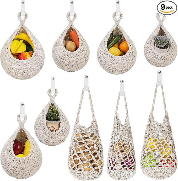 AARAINBOW Boho Wall Hanging Baskets for Kitchen Storage, Fruit Woven Wall Basket 9 Pcs, Hanging Vegetable and Onion Storage with 24 Hooks （White）-CasaMuseHome