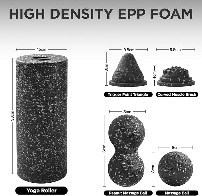 5 in 1 Foam Roller Set with Peanut Massage Ball, Curved Muscle Brush - Yoga Roller, Massage Ball, Trigger Point Triangle for Deep Tissue Relief (Black Gray)-CasaMuseHome