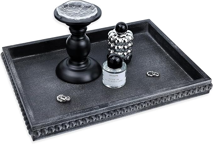 Rectangle Wood Serving Tray with Beads, Black Washed Wooden Decorative Tray for Entertaining, Decoration, and Gifting-CasaMuseHome